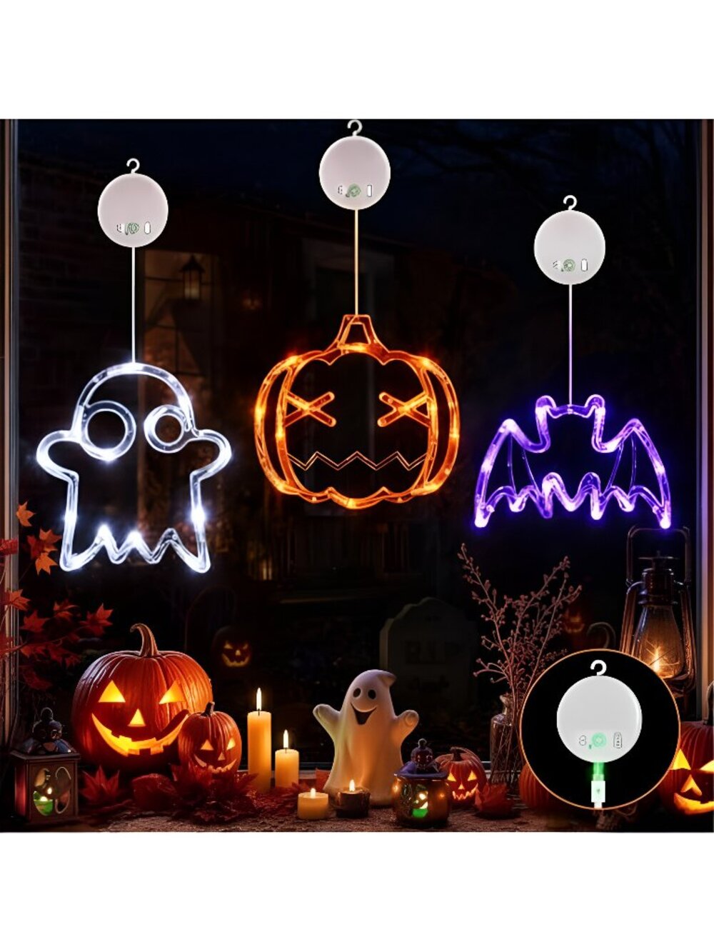 Halloween Decorations, Rechargeable Halloween Window Lights, 3 Pack